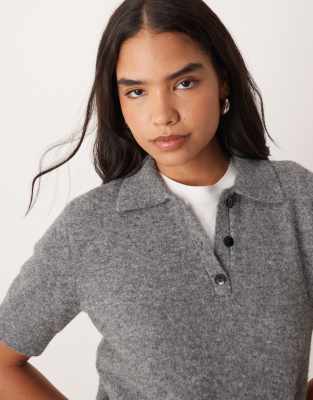 Gina Tricot Knit Short Sleeve Collar Top In Gray