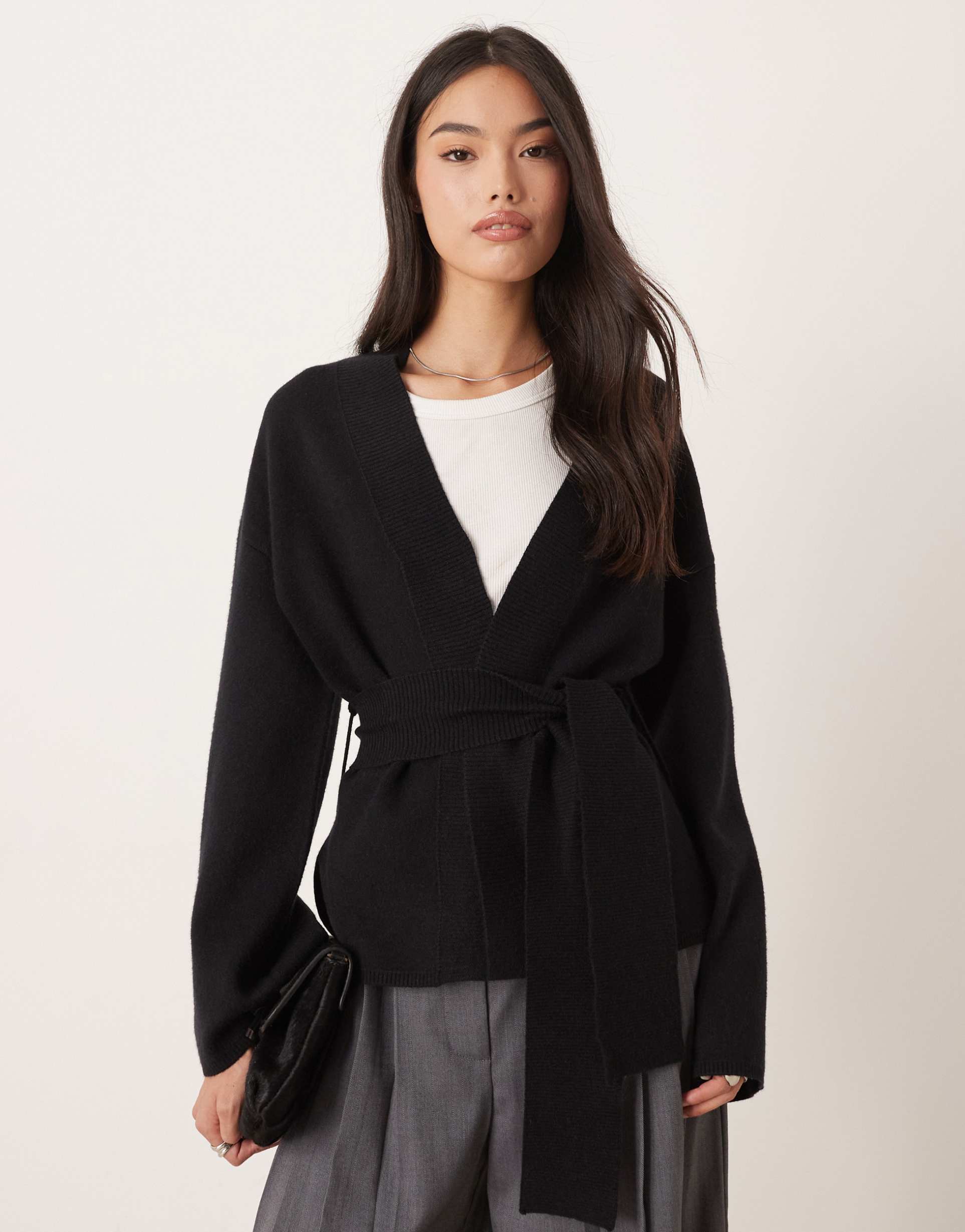 gina tricot knit wrap kimono cardigan in black