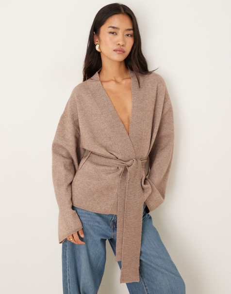 Gina Tricot knit wrap kimono cardigan in brown melange - view 1