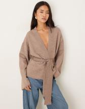 Gina Tricot knit wrap kimono cardigan in brown melange