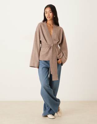 Gina Tricot Knit Wrap Kimono Cardigan In Brown
