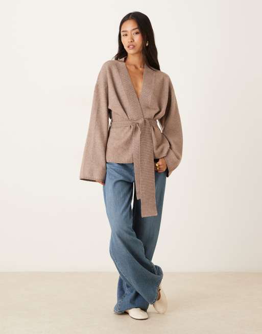 Gina Tricot knit wrap kimono cardigan in brown melange