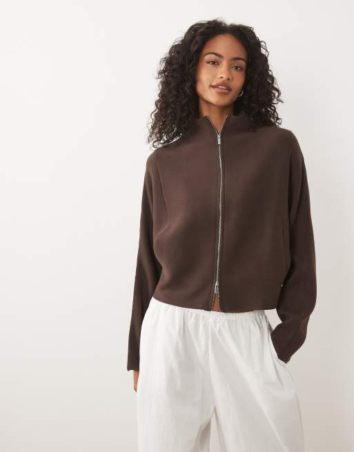 Gina Tricot knit zip jacket in dark brown, 2 of 4