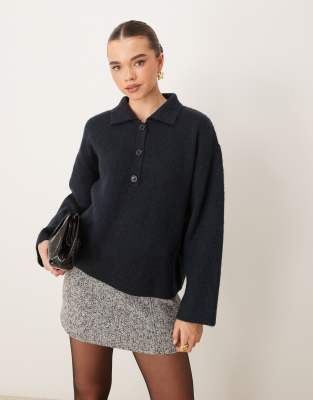 knitted button polo collar long sleeve top in blue