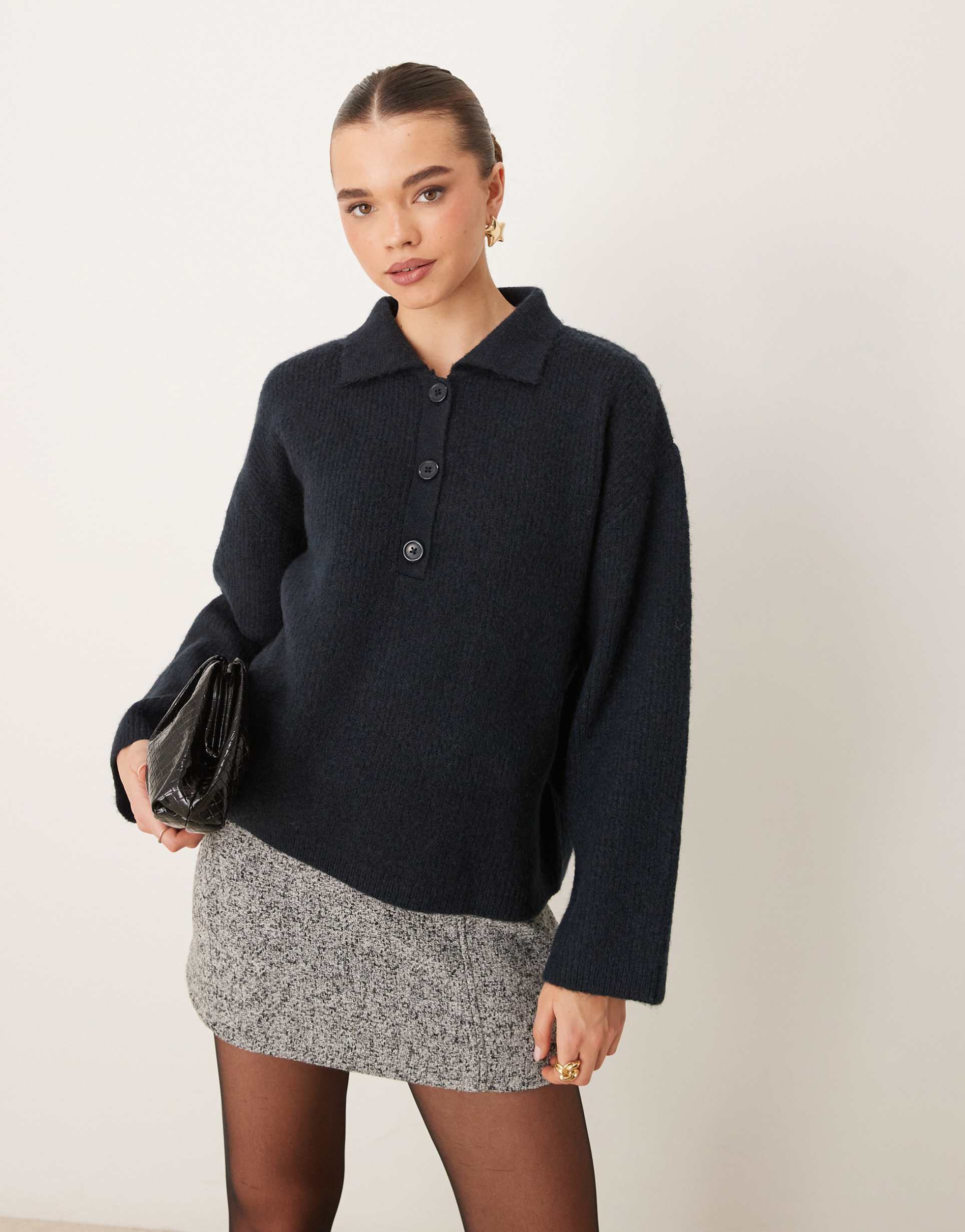 gina tricot knitted button polo collar long sleeve top in blue