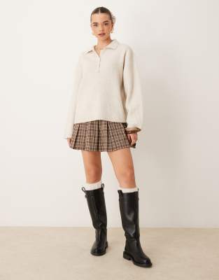 knitted button polo collar long sleeve top in stone-Neutral