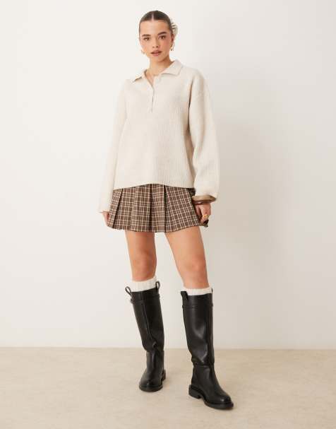 Gina Tricot knitted button polo collar long sleeve top in stone - view 1
