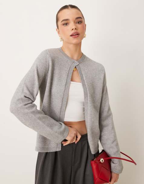 Gina Tricot knitted cardigan with one button detail in gray melange - view 1