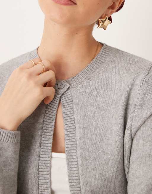 Gina Tricot knitted cardigan with one button detail in gray melange