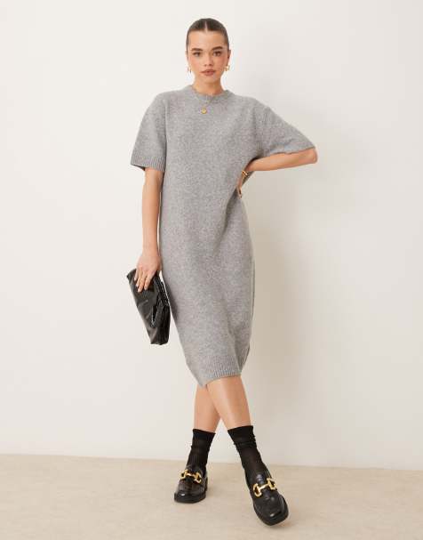 Gina Tricot knitted midaxi t-shirt dress in gray melange - view 1