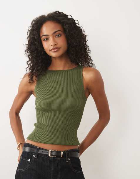 Gina Tricot knitted rib singlet in khaki green - view 1