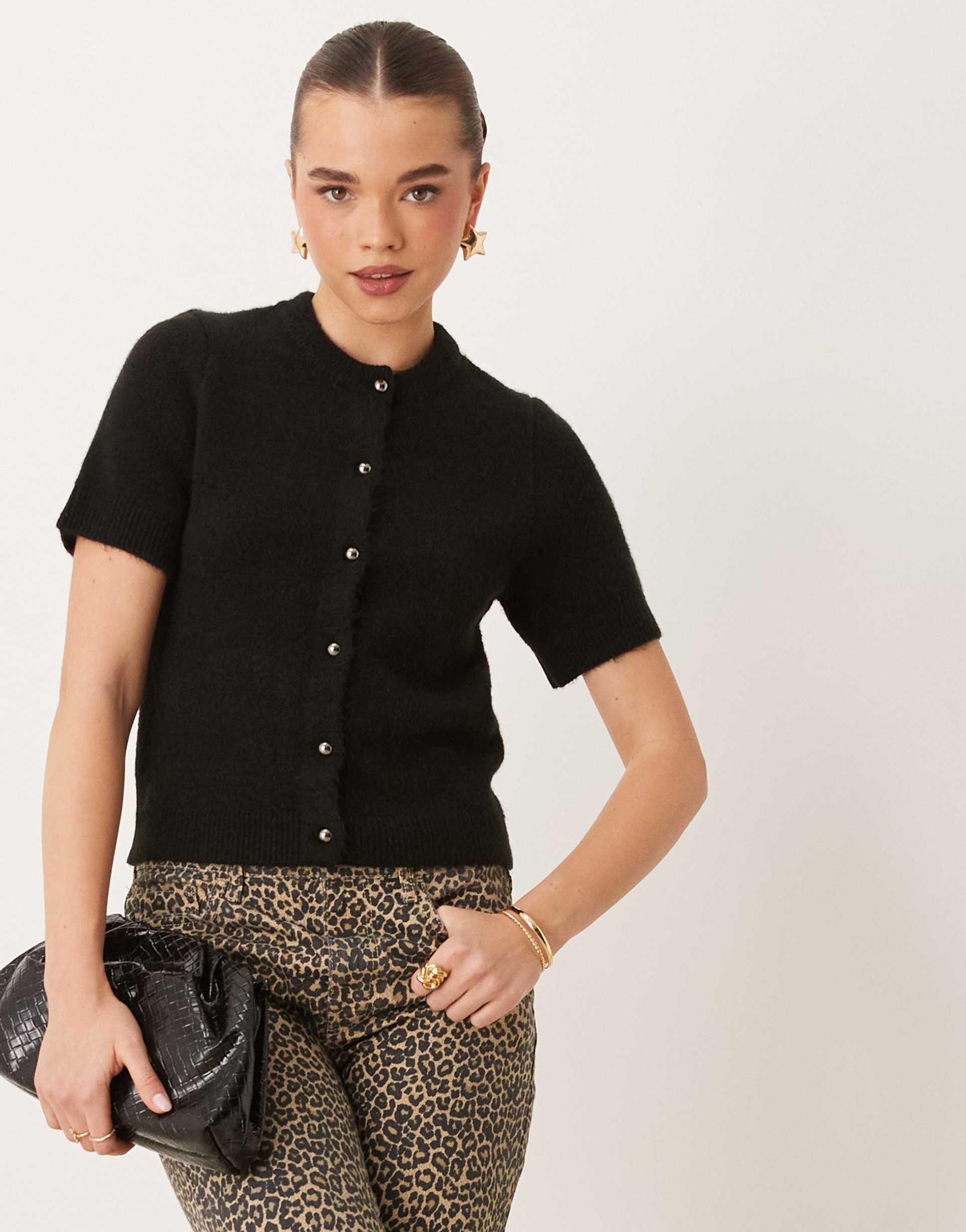 gina tricot knitted short sleeve cardigan in black