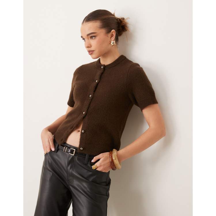Cardigan Tally Ho Marron Manches Courtes Avec Poches - Taille S - Occasion Très Bon État