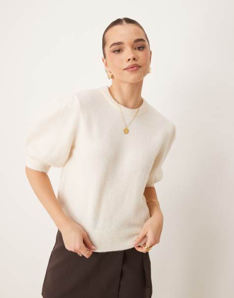 Gina Tricot knitted sweater with puff short sleeves in off white - view 1