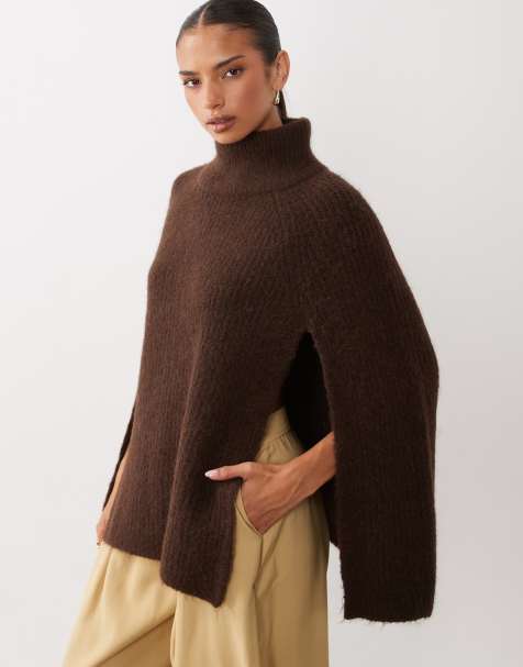 Gina Tricot knitted wool alpaca ribbed turtleneck sweater in chocolate brown - view 1