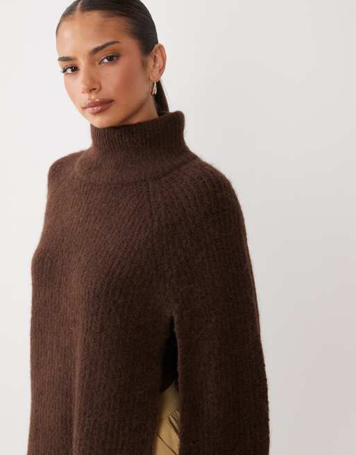 Gina Tricot knitted wool alpaca ribbed turtleneck sweater in chocolate brown, 3 of 4
