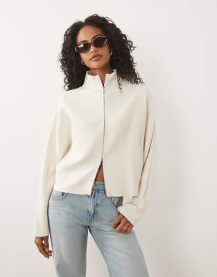 Gina Tricot Knitted Zip Jacket In White