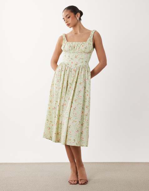 Gina Tricot – Korsett-Midikleid in Grün mit Blumenmuster - view 1