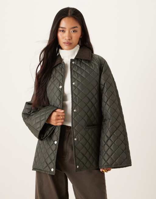 Gina Tricot - Kort jack met wax effect en contrasterende corduroy kraag in donker kakigroen
