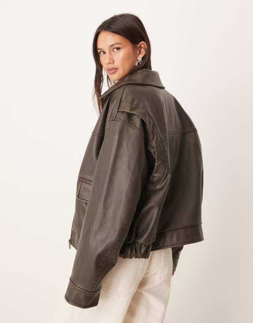 Gina Tricot - Kort jack van distressed PU in donkerbruin, 4 van 4