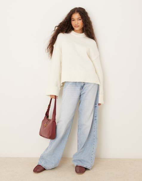 Gina Tricot relaxed crew neck folded sleeve knitted sweater in cream