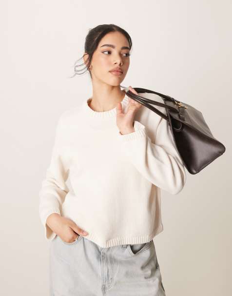 Gina Tricot cotton blend knitted sweater with crew neck in cream