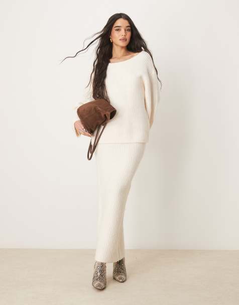 Gina Tricot co-ord chunky rib knitted sweater with tie back bow detail in cream