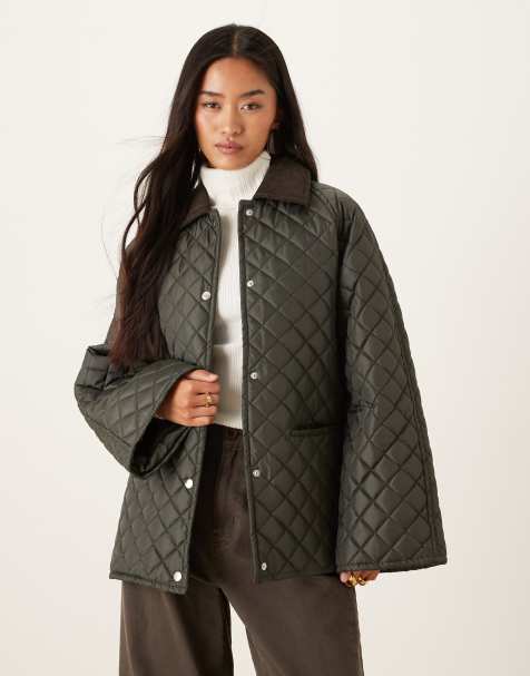 Gina Tricot waxed effect short jacket in dark khaki green with contrast cord collar