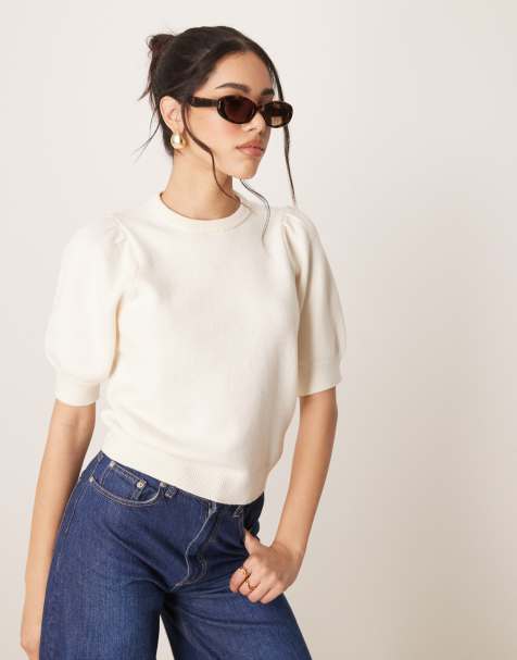 Gina Tricot – Kurzärmliger Pullover aus Strick in Creme mit Puffärmeln - view 1