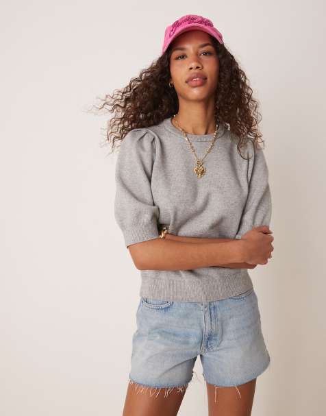 Gina Tricot – Kurzärmliger Strickpullover in meliertem Grau mit Puffärmeln - view 1