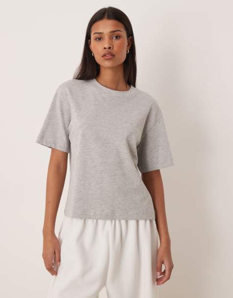 Gina Tricot – Kurzärmliges, kastiges T-Shirt in Hellgrau meliert - view 1