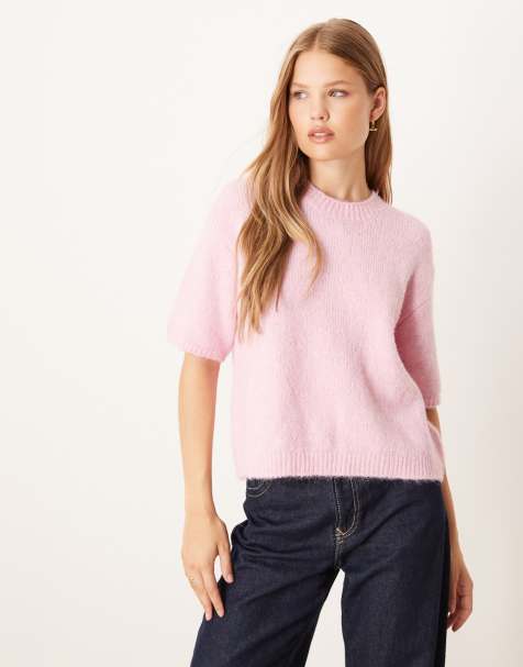 Gina Tricot – Kurzärmliges Oberteil aus mittelschwerem Strick in Rosa mit Rundhalsausschnitt - view 1