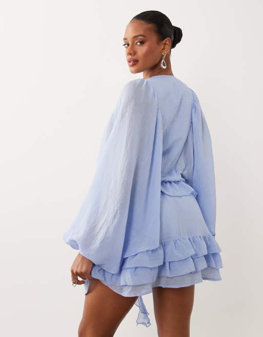Gina Tricot – Kurzes Boho-Kleid in Hellblau mit Rüschen, 4 von 4