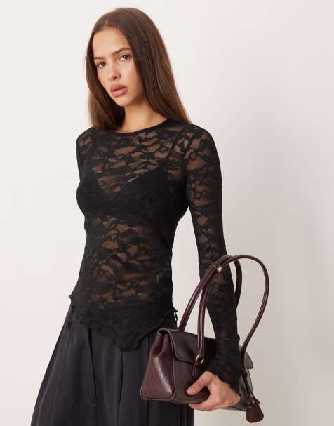 Gina Tricot lace asymmetric long sleeve top in black - view 1