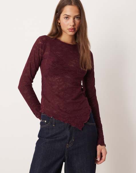 Gina Tricot lace asymmetric long sleeve top in burgundy red - view 1