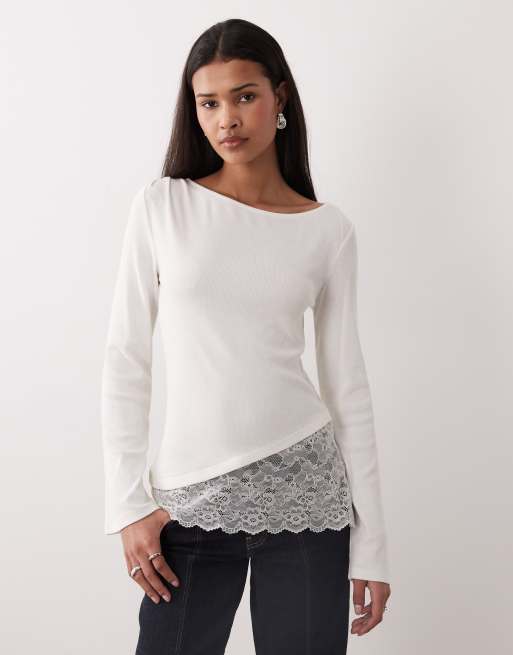 Gina Tricot lace detail boatneck top in white | ASOS
