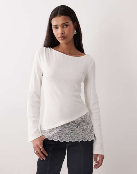 Gina Tricot lace detailing boatneck top in white - view 1