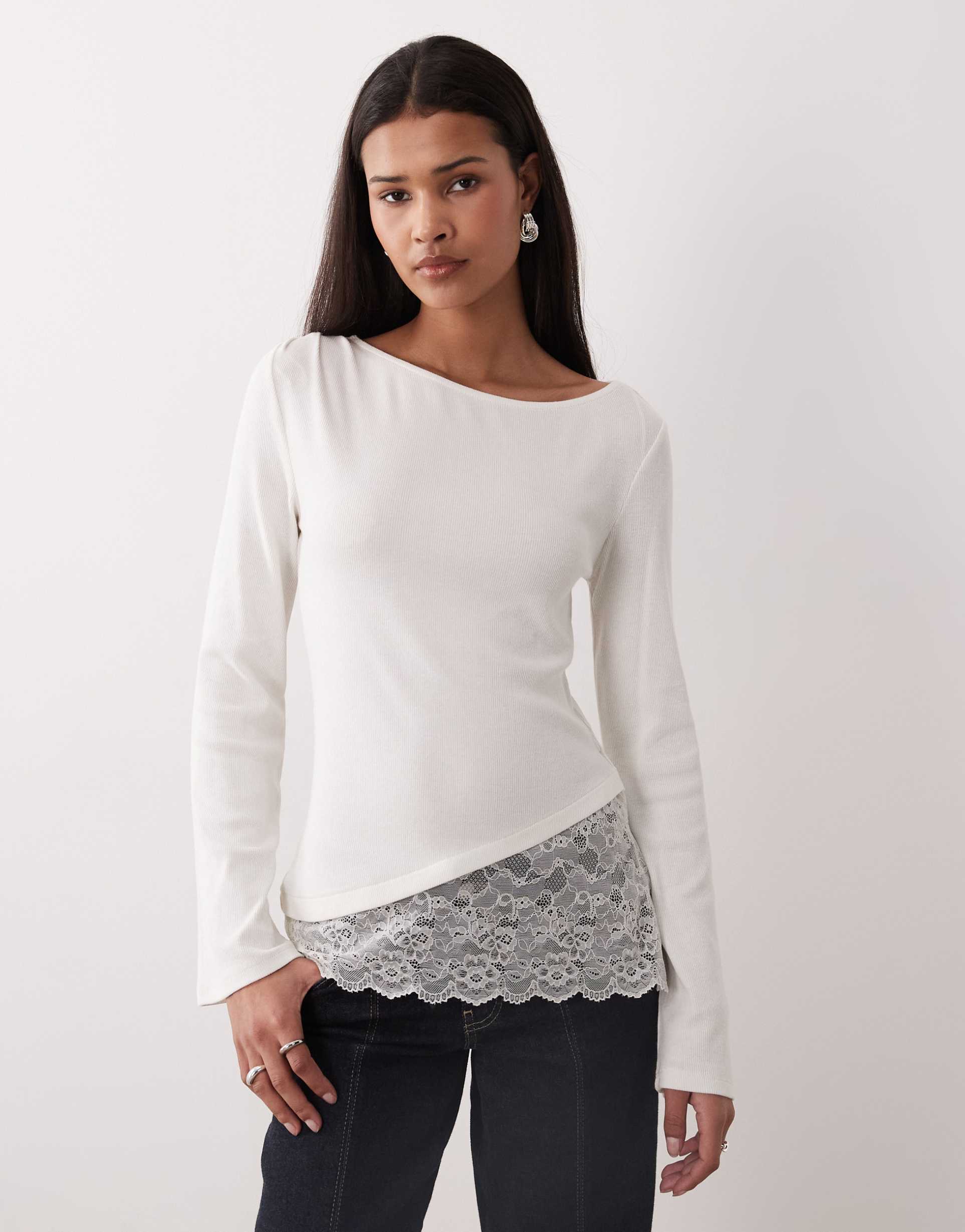 gina tricot lace detailing boatneck top in white
