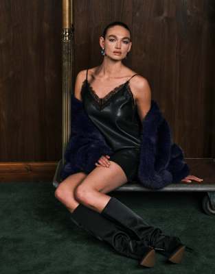 Gina Tricot Lace Detailing Pu Mini Dress In Black