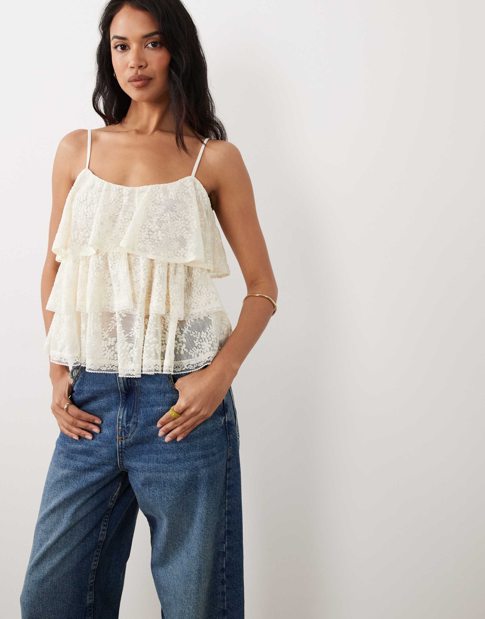 gina tricot lace frill tank top in white