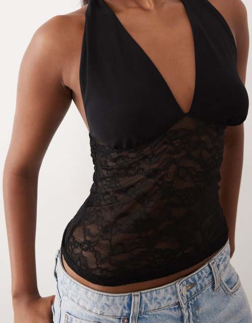 Gina Tricot lace plunge top with scarf in black, 3 of 4
