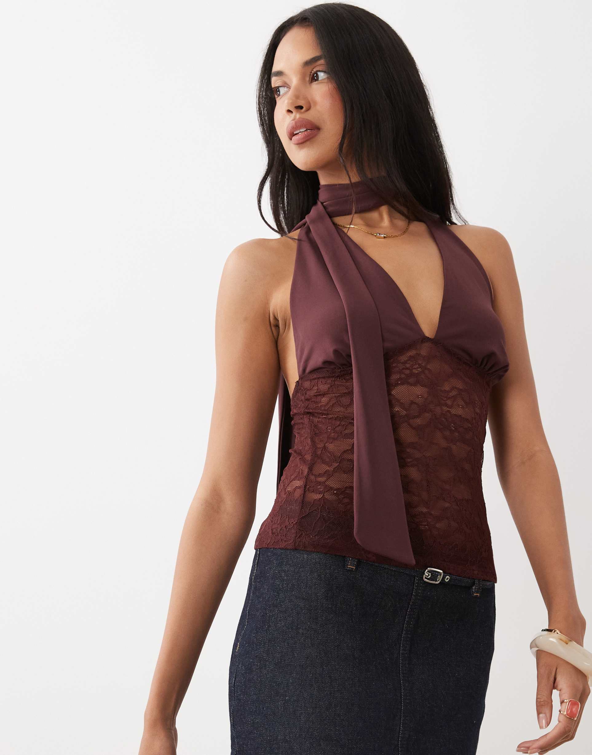 gina tricot lace plunge top with scarf in chocolate