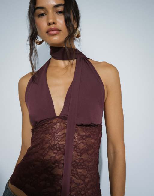 Gina Tricot lace plunge top with scarf in chocolate, 3 of 8