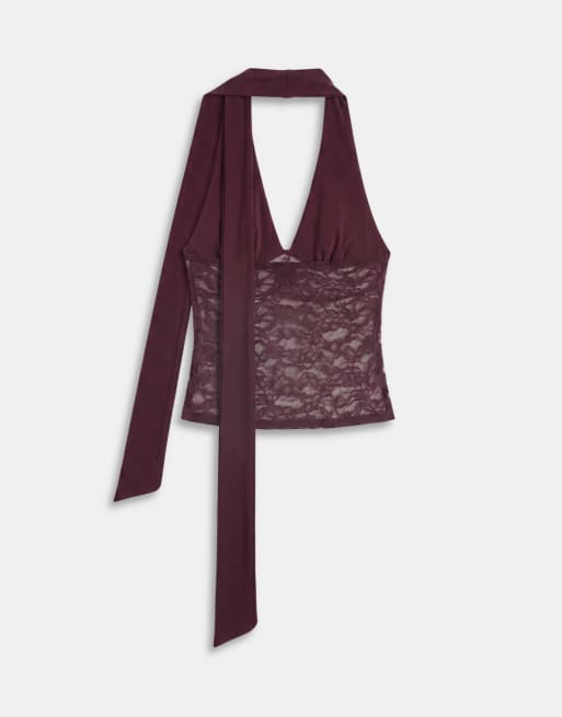 Gina Tricot lace plunge top with scarf in chocolate, 6 of 8