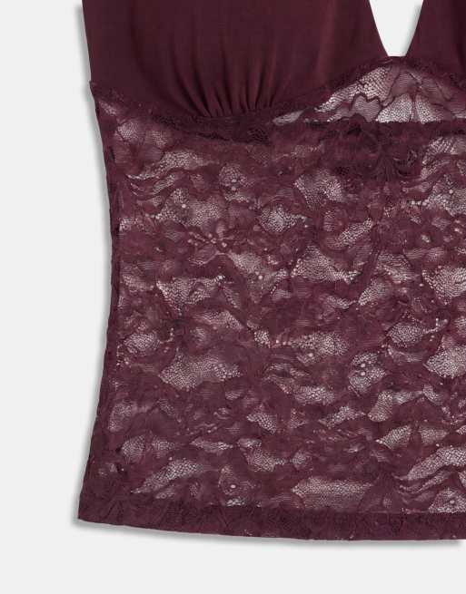 Gina Tricot lace plunge top with scarf in chocolate, 7 of 8
