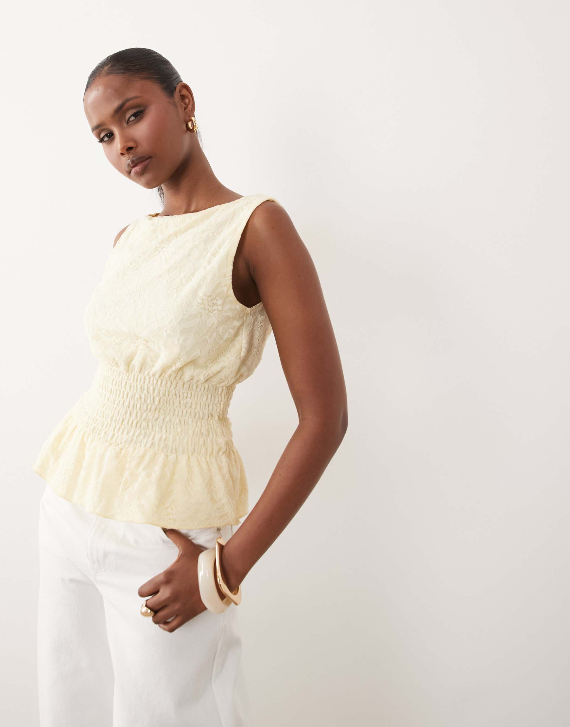 gina tricot lace smock top in butter yellow