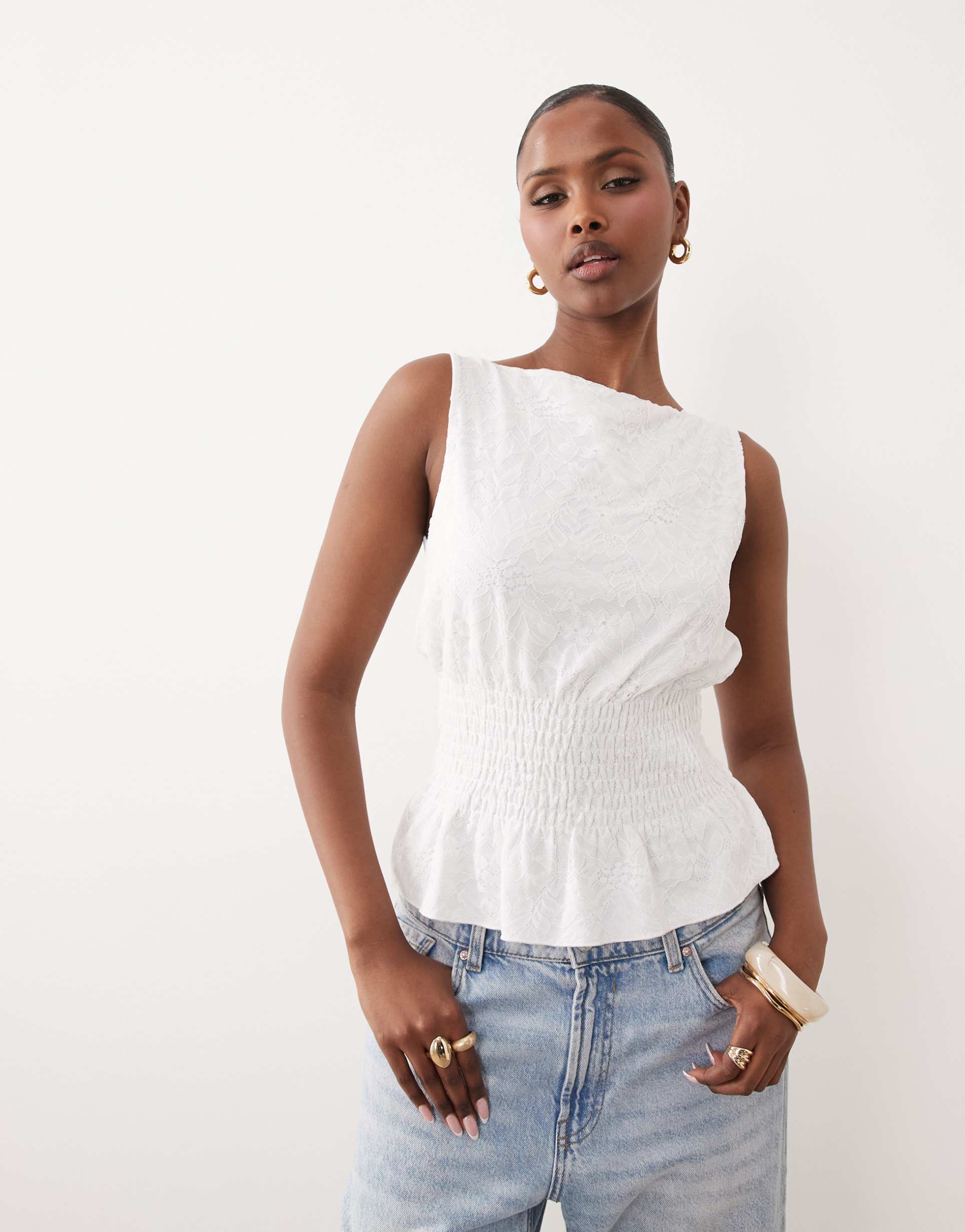 gina tricot lace smock top in off white