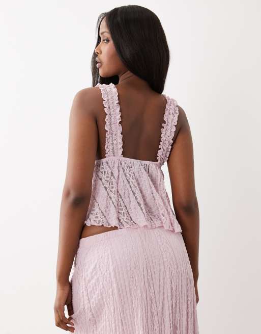 Gina Tricot lace top with front ribbon bow in pink | ASOS