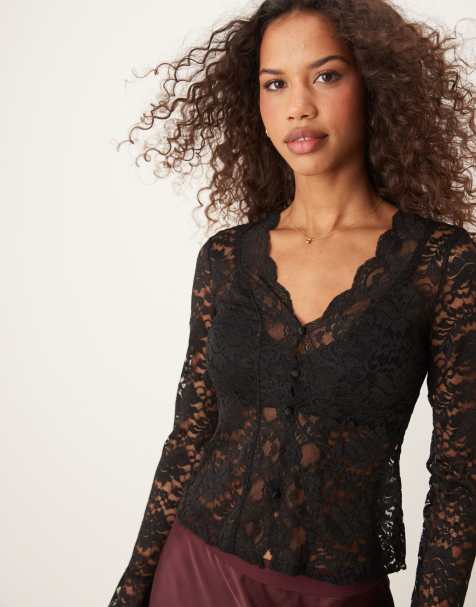 GINA TRICOT lace top with scalloped edge detail in black - view 1