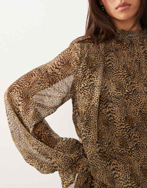 Gina Tricot långärmad chiffongminiklänning med brun leopardmönstrad, 3 av 4